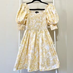 1. State Yellow & White Puff Sleeve Square Neck Mini Dress